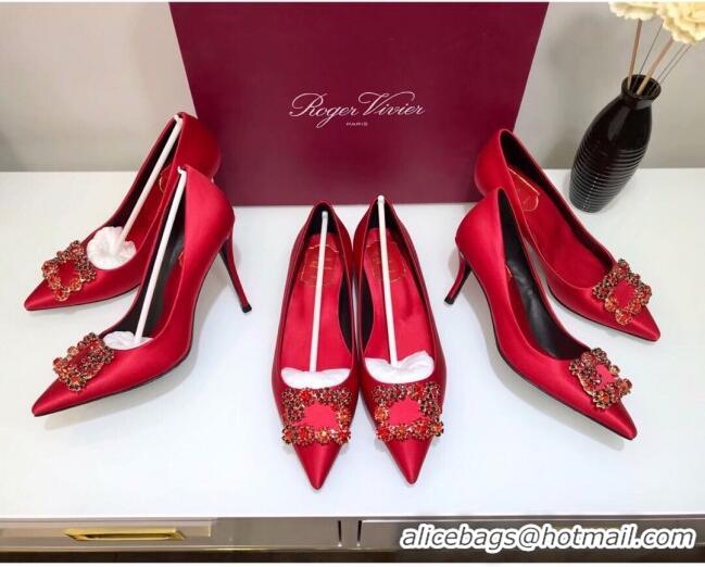 Most Popular Roger Vivier Silk Flower Strass Pumps With 7cm Heel Red 052602