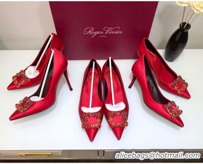 Perfect Roger Vivier Silk Flower Strass Pumps With 10cm Heel Red 052603