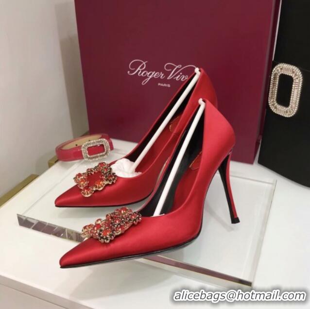 Perfect Roger Vivier Silk Flower Strass Pumps With 10cm Heel Red 052603