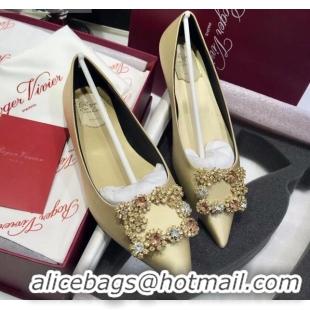 Unique Grade Roger Vivier Flower Strass Buckle Ballerinas in Silk Satin Champagne 052604