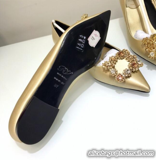 Unique Grade Roger Vivier Flower Strass Buckle Ballerinas in Silk Satin Champagne 052604