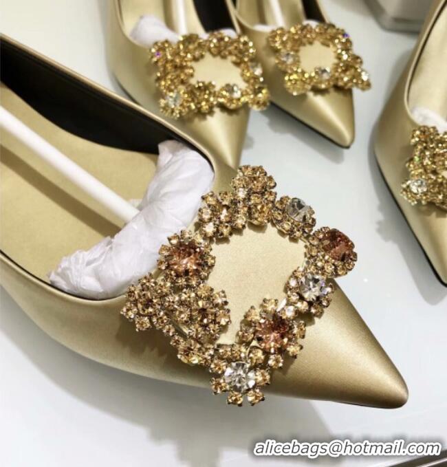 Unique Grade Roger Vivier Flower Strass Buckle Ballerinas in Silk Satin Champagne 052604