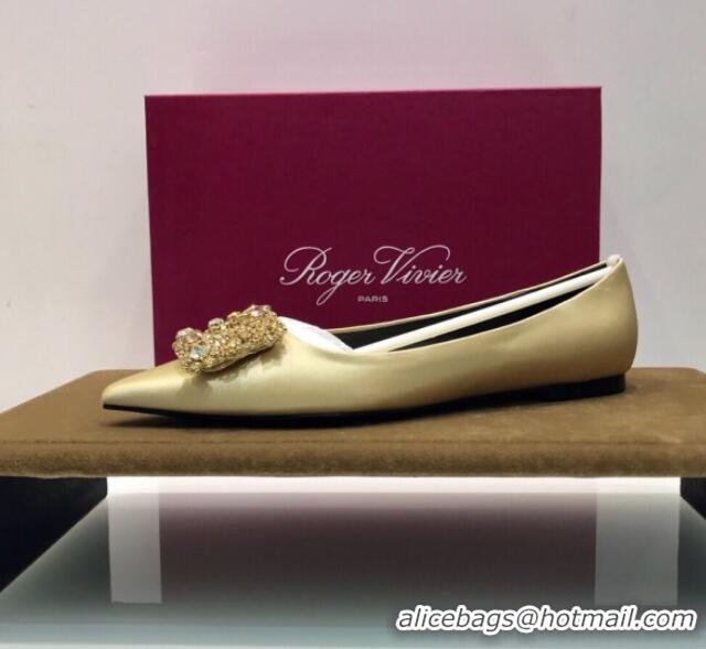 Unique Grade Roger Vivier Flower Strass Buckle Ballerinas in Silk Satin Champagne 052604