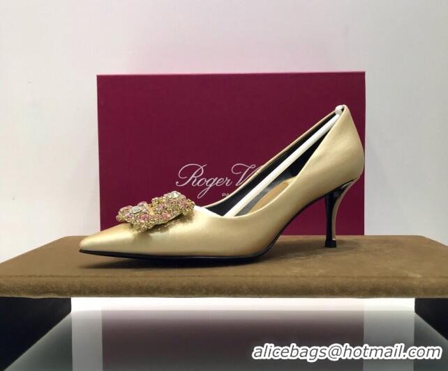 Best Luxury Roger Vivier Silk Flower Strass Pumps With 7cm Heel Champagne 052605