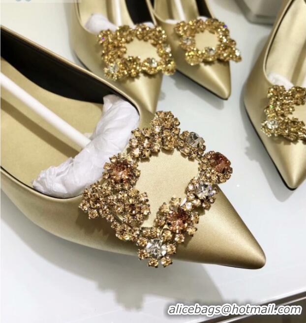 Best Luxury Roger Vivier Silk Flower Strass Pumps With 7cm Heel Champagne 052605