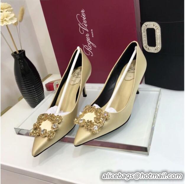 Best Luxury Roger Vivier Silk Flower Strass Pumps With 7cm Heel Champagne 052605