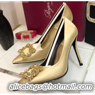 Good Quality Roger Vivier Silk Flower Strass Pumps With 10cm Heel Champagne 052606