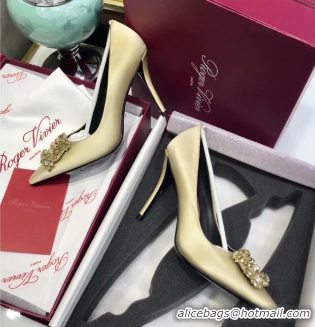 Good Quality Roger Vivier Silk Flower Strass Pumps With 10cm Heel Champagne 052606