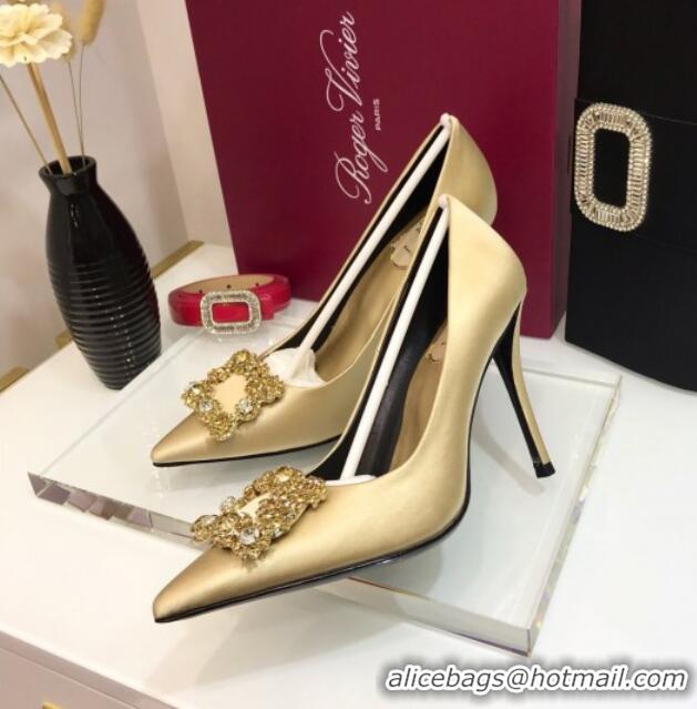 Good Quality Roger Vivier Silk Flower Strass Pumps With 10cm Heel Champagne 052606