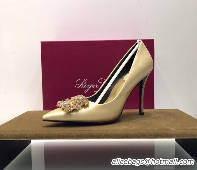 Good Quality Roger Vivier Silk Flower Strass Pumps With 10cm Heel Champagne 052606