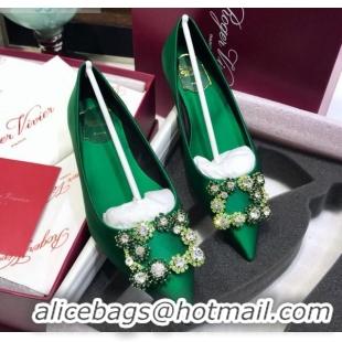 Cute Roger Vivier Flower Strass Buckle Ballerinas in Silk Satin Green 052607