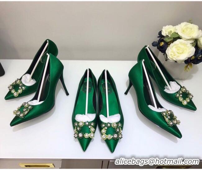 Cute Roger Vivier Flower Strass Buckle Ballerinas in Silk Satin Green 052607