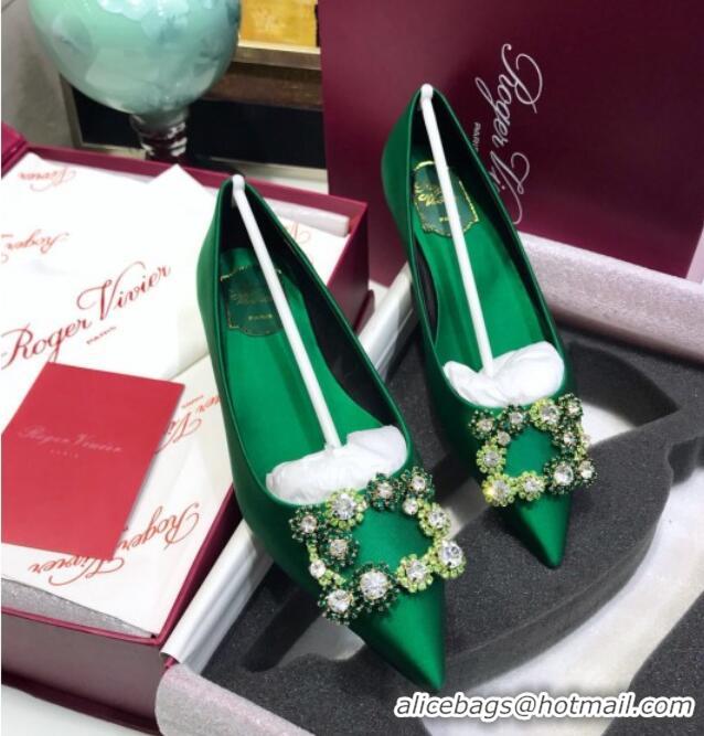 Cute Roger Vivier Flower Strass Buckle Ballerinas in Silk Satin Green 052607