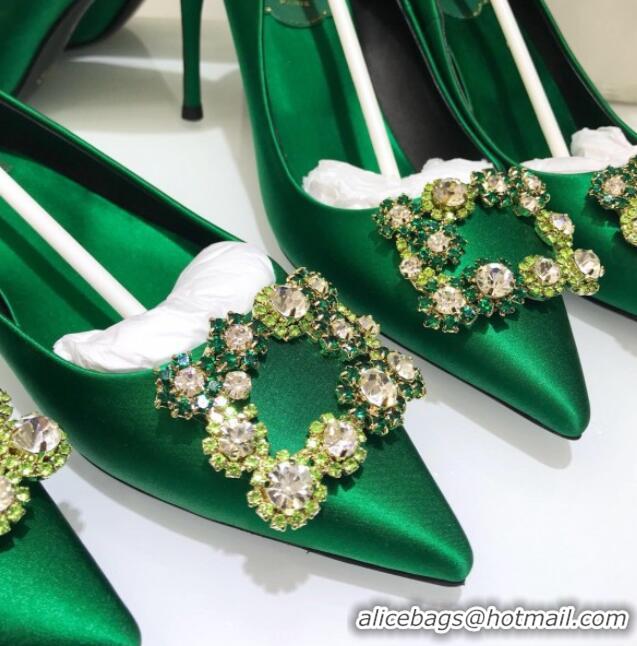 Cute Roger Vivier Flower Strass Buckle Ballerinas in Silk Satin Green 052607