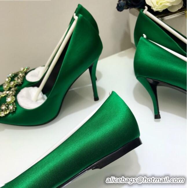 Cute Roger Vivier Flower Strass Buckle Ballerinas in Silk Satin Green 052607