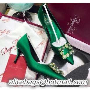 Low Cost Roger Vivier Silk Flower Strass Pumps With 7cm Heel Green 052611