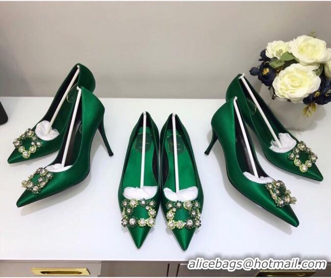 Low Cost Roger Vivier Silk Flower Strass Pumps With 7cm Heel Green 052611