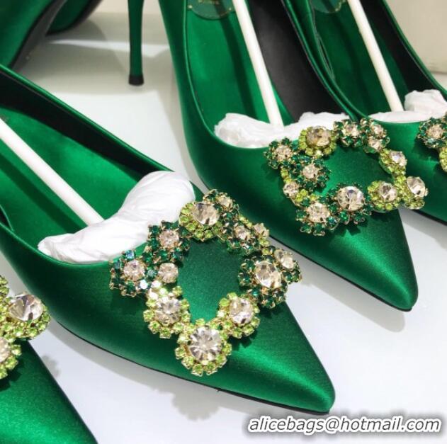 Low Cost Roger Vivier Silk Flower Strass Pumps With 7cm Heel Green 052611