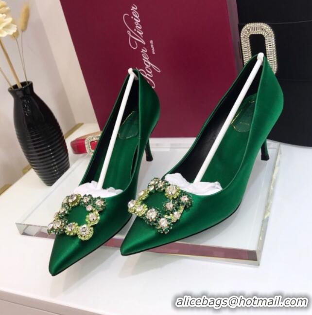 Low Cost Roger Vivier Silk Flower Strass Pumps With 7cm Heel Green 052611