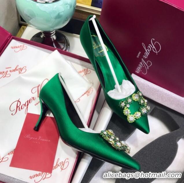 Low Cost Roger Vivier Silk Flower Strass Pumps With 7cm Heel Green 052611