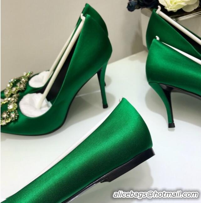 Low Cost Roger Vivier Silk Flower Strass Pumps With 7cm Heel Green 052611