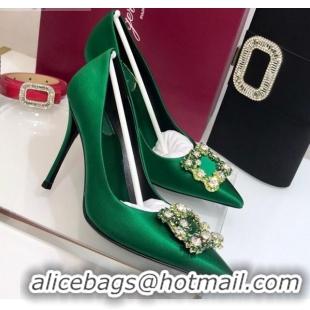 New Style Roger Vivier Silk Flower Strass Pumps With 10cm Heel Green 052612