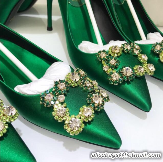 New Style Roger Vivier Silk Flower Strass Pumps With 10cm Heel Green 052612