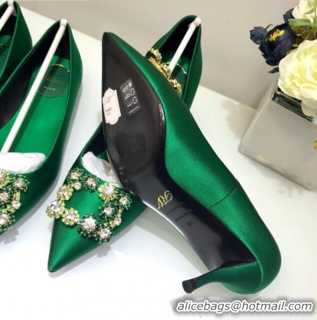 New Style Roger Vivier Silk Flower Strass Pumps With 10cm Heel Green 052612