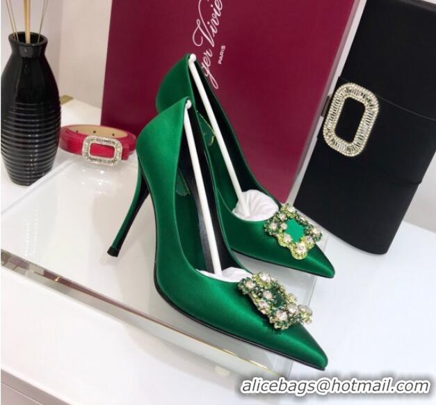 New Style Roger Vivier Silk Flower Strass Pumps With 10cm Heel Green 052612