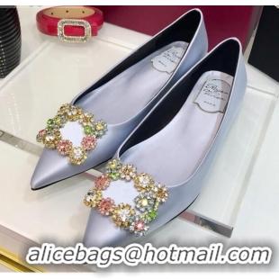 Custom Roger Vivier Flower Strass Buckle Ballerinas in Silk Satin Grey-Blue 052613