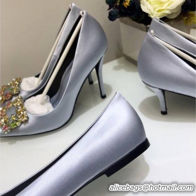 Custom Roger Vivier Flower Strass Buckle Ballerinas in Silk Satin Grey-Blue 052613