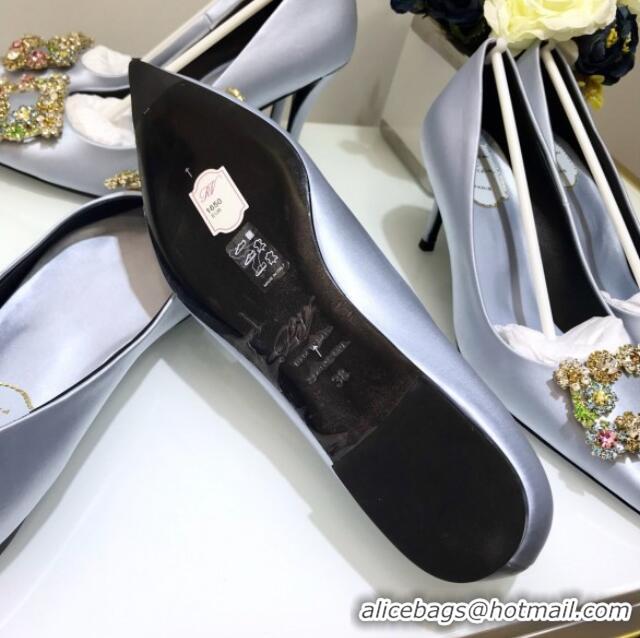 Custom Roger Vivier Flower Strass Buckle Ballerinas in Silk Satin Grey-Blue 052613