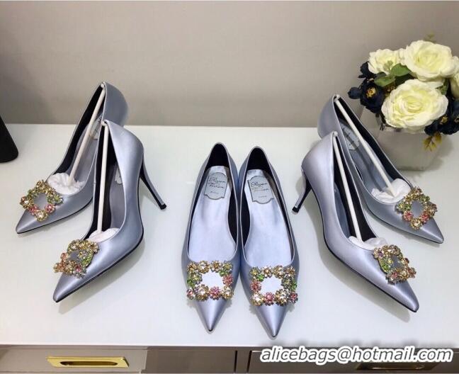 Custom Roger Vivier Flower Strass Buckle Ballerinas in Silk Satin Grey-Blue 052613