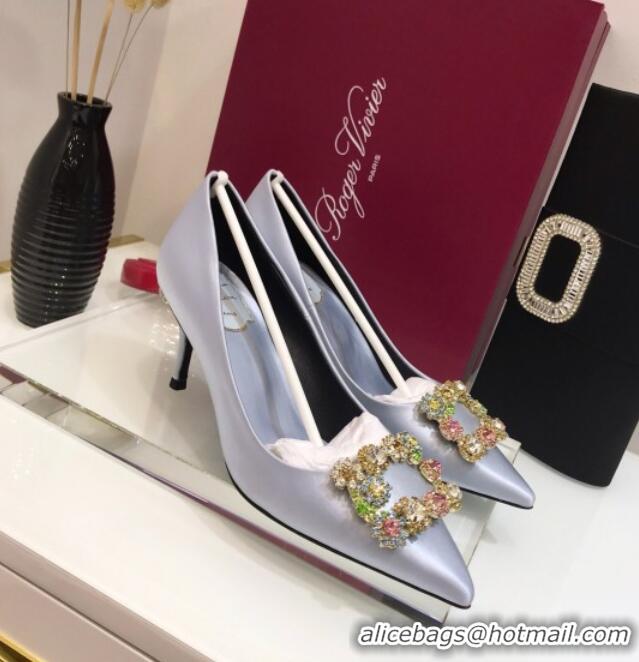 Low Price Roger Vivier Silk Flower Strass Pumps With 7cm Heel Grey-Blue 052614