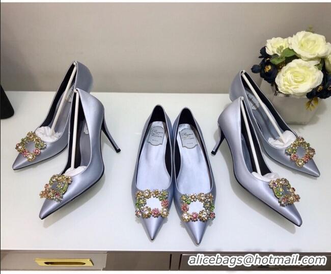 Low Price Roger Vivier Silk Flower Strass Pumps With 7cm Heel Grey-Blue 052614