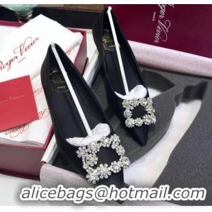 Grade Design Roger Vivier Flower Strass Buckle Ballerinas in Silk Satin Black 052616