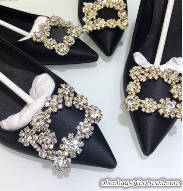 Grade Design Roger Vivier Flower Strass Buckle Ballerinas in Silk Satin Black 052616