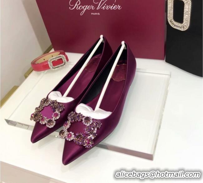 Cheap Price Roger Vivier Flower Strass Buckle Ballerinas in Silk Satin Purple 052622