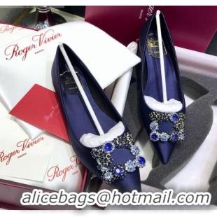 New Design Roger Vivier Flower Strass Buckle Ballerinas in Silk Satin Blue 052619