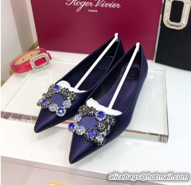 New Design Roger Vivier Flower Strass Buckle Ballerinas in Silk Satin Blue 052619