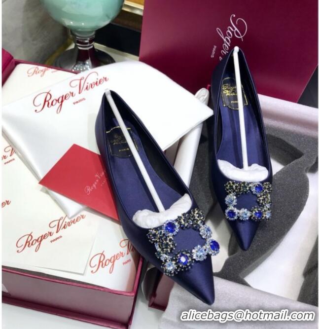 New Design Roger Vivier Flower Strass Buckle Ballerinas in Silk Satin Blue 052619