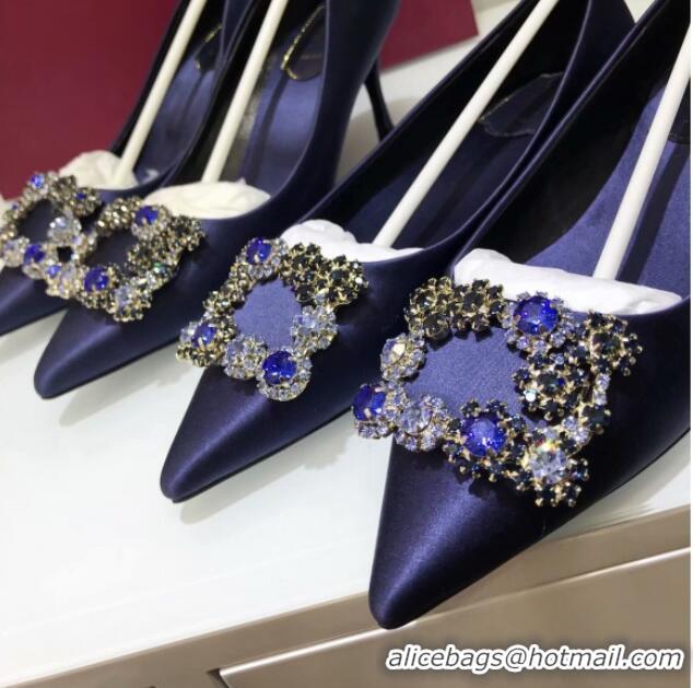 New Design Roger Vivier Flower Strass Buckle Ballerinas in Silk Satin Blue 052619