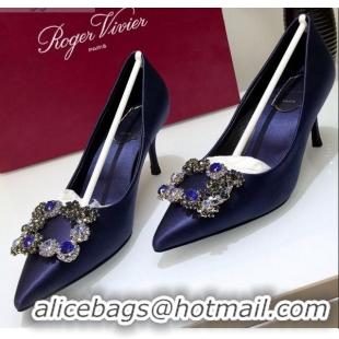 Elegant Roger Vivier Silk Flower Strass Pumps With 7cm Heel Blue 052620