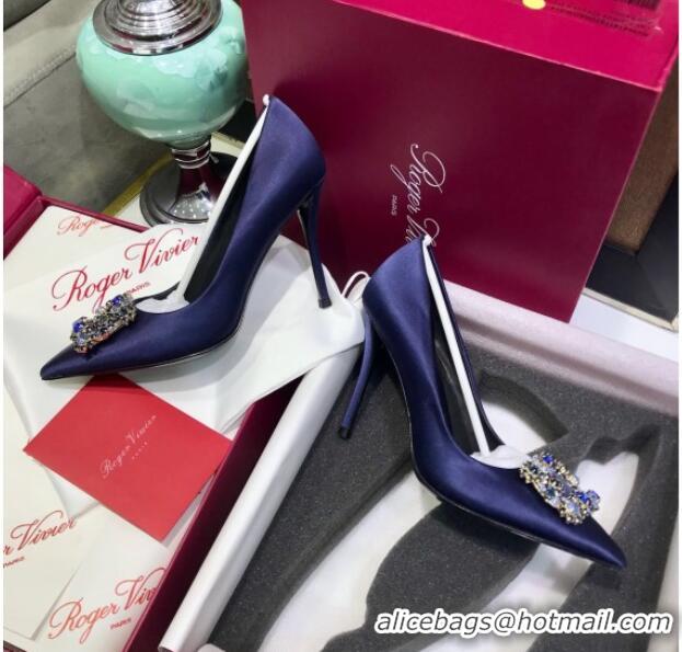 Elegant Roger Vivier Silk Flower Strass Pumps With 7cm Heel Blue 052620