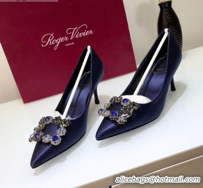 Elegant Roger Vivier Silk Flower Strass Pumps With 7cm Heel Blue 052620