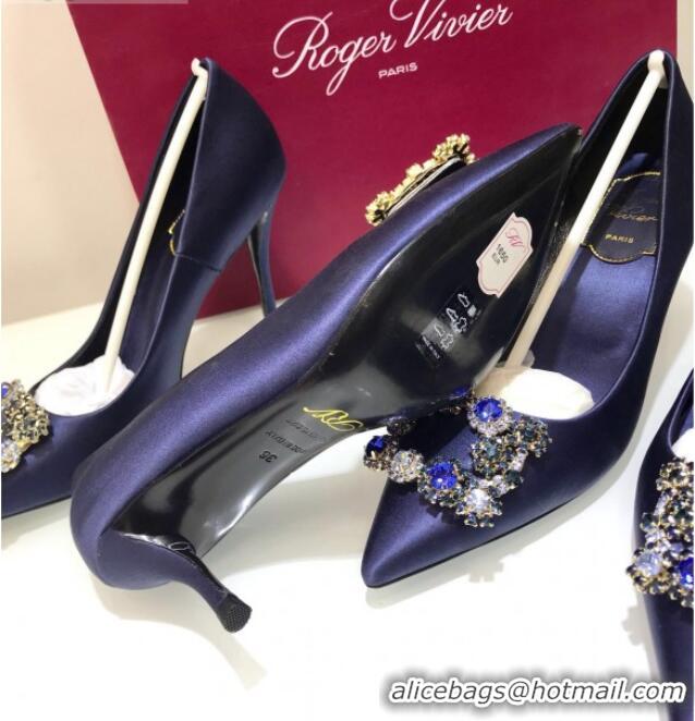 Elegant Roger Vivier Silk Flower Strass Pumps With 7cm Heel Blue 052620