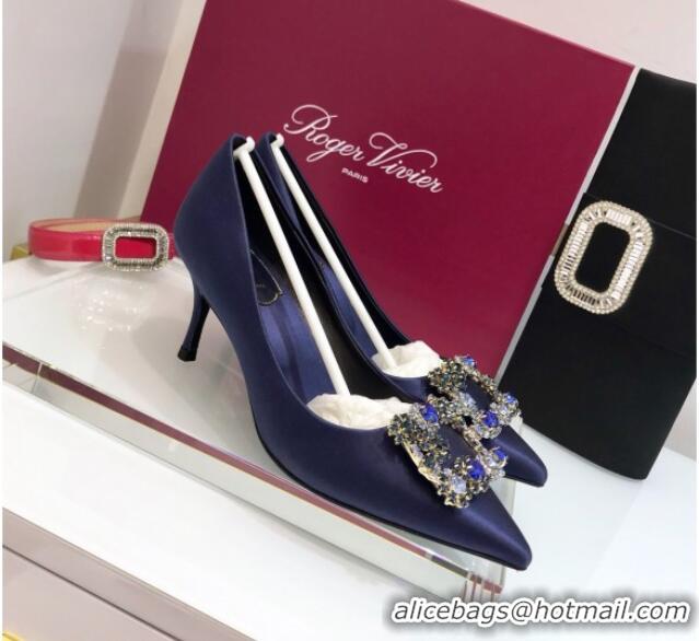 Elegant Roger Vivier Silk Flower Strass Pumps With 7cm Heel Blue 052620