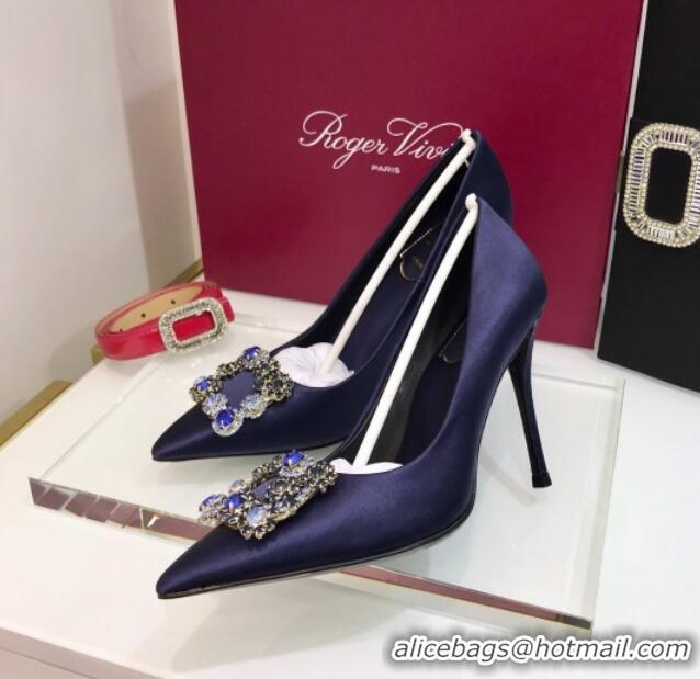 Stylish Roger Vivier Silk Flower Strass Pumps With 10cm Heel Blue 052621