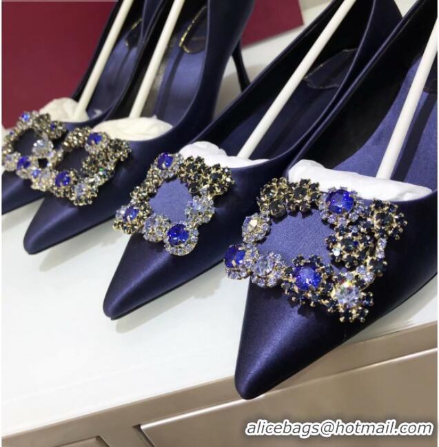 Stylish Roger Vivier Silk Flower Strass Pumps With 10cm Heel Blue 052621