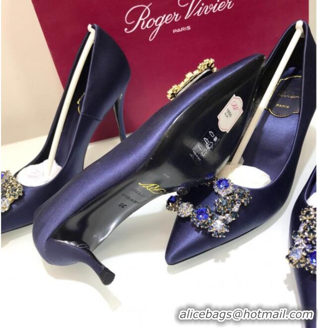 Stylish Roger Vivier Silk Flower Strass Pumps With 10cm Heel Blue 052621